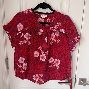 Red silk flowered print blouse